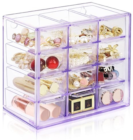 ToyaJeco Organiseur de bureau avec 12 mini tiroirs, boîte de rangement empilable transparente pour maquillage, bijoux, fournitures de bureau (violet)
