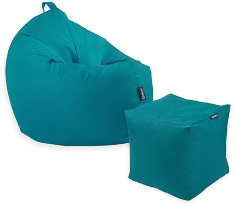 Premium 2-in-1 Sitzsack mit Füllung | Fußhocker | für Kinder & Erwachsene | Outdoor & Indoor | Sitzkissen | Bodenkissen | Wasser- & schmutzabweisend + Sitzpouf 35x35x35cm (Petrol, 145 CM + Sitzspouf)