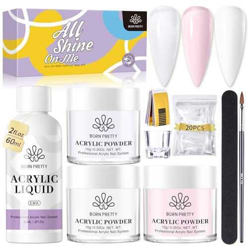 BORN PRETTY Polvos Acrílicos para Uñas Set, Acrilico uñas Polvo 3 Colores Blanco Rosa Polvo Acrilico con Líquido Acrílico para Uñas Set, Pincele Acrílicos Adecuado para Principiantes y Expertos
