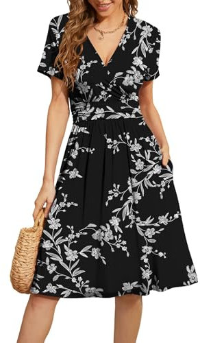 Actcat V-Neck Dress Short Sleeve Wrap Summer Midi Floral Party Dress with Pockets for Women UK