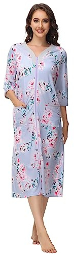 Alunsito Bata de Manga 3/4 para Mujer con Cremallera Frontal Camisones de Longitud Completa Vestido de Dormir sólido Primavera Verano Ropa de Estar con Bolsillos Color Morado XXL