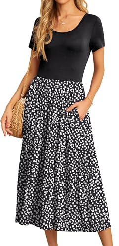 GRECERELLE Womens Summer Maxi Dress Casual Short Sleeve Crew Neck Swing Flowy Tiered Party Dresses with Pockets for Weddings, Holidays (Black + Leopard Print, S)