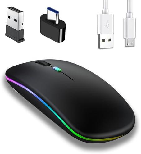Jinpojun Bluetooth Maus, Maus Kabellos, 2,4 GHz-USB Funkmaus Mit USB-C Adapter, 3 DPI Optical Tracking, Mini Wiederaufladbare LED-Dual-Modus Mouse für PC/Tablet/Andriod/Windows