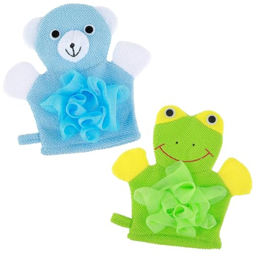 Gjinxi 2pcs Kids Bath Mitt, Loofah for Kids Washcloths Gloves Sponge Cute Animal Toddler Bath Mitt Body Scrubber for Shower Cute Design Gloves for Baby Toddler Kids Bath and Shower(Green,Blue)