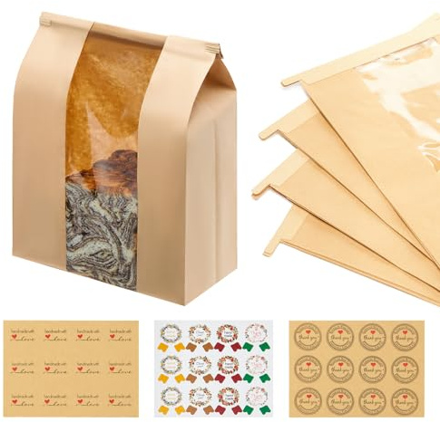 30 Pack Large Paper Sourdough Bread Bags with Tin Tie Tabs & 120 Stickers