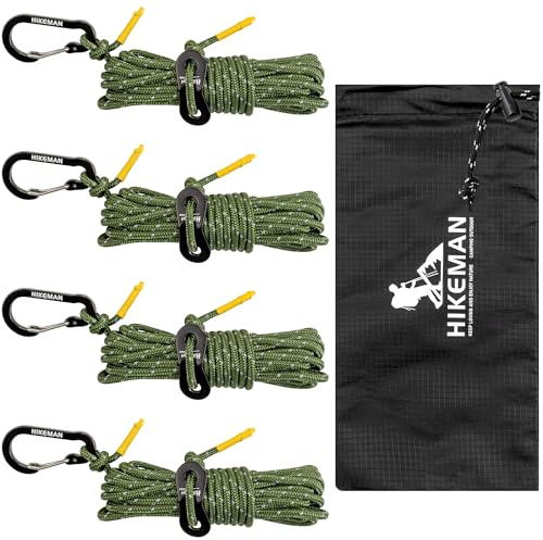 HIKEMAN Reflective Tent Rope Guyline - 4M Camping Guide Ropes,3mm Tent Guy Ropes Cord with Aluminum Tensioners Adjuster for Outdoor Camping Hiking Caravan Awning Tents (Army Green, 3mm)