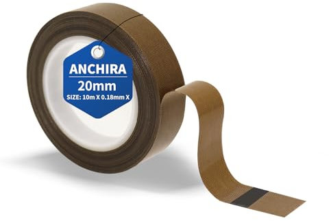 Anchira Cinta Teflon Adhesiva 20 mm x 10 m, Cinta de Teflon Alta Temperatura, Cinta PTFE Selladora, Cinta PTFE Teflon para Envasadora al Vacio, Teflon Cinta para Sellado Manual, Sellado por Impulso