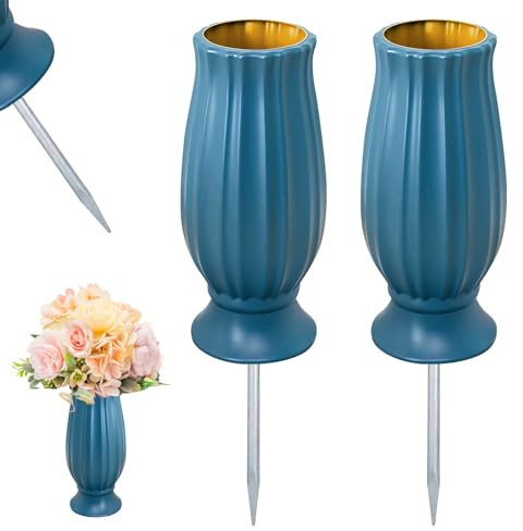 Vase Cimetiere, 2 Pièces Vase Funéraire avec Piquet, Vases Funéraires en Plastique, Vase Decoratif H 20 x L 10 cm, Vase pour Tombe de Cimetière, Vases Commémoratifs pour Décoration Funéraire Exterieur