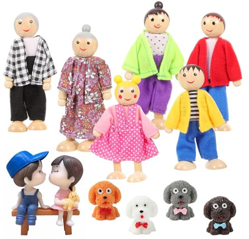 Wooden Dolls House People - 8-Piece Family with 4 Dogs, Doll House Accessories for Kids, Lovely Playset with Grandparents, Parents, Children, and Puppies