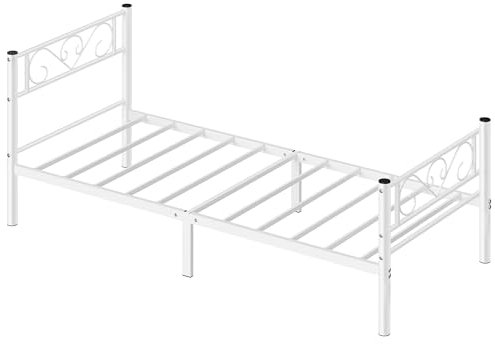 VASAGLE Bett 90 x 200 cm, Gästebett, Einzelbett aus Metall, Bettgestell, Bettrahmen, Metallbett, einfache Montage, mattweiß RMB062W01