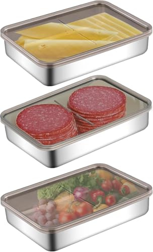 XJL-FRE-D Set mit 3 Aufschnittboxen für Kühlschrank,Wurst Aufbewahrung Kühlschrank,Aufschnittbox,Kühlschrank Organizer,Edelstahl Frischhaltedosen mit Deckel für Käse,Fleisch (20 * 14 * 4cm)