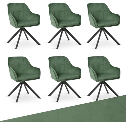 Goeurvant Svängstol, matsal, set om 6 stycken, sammet, grön med armstöd, vadderad stol, matstol, vridbar, köksstol med metallben, för vardagsrum, matsal