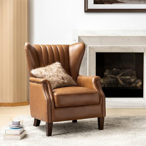 HULALA HOME Genuine Leather Accent Chair, Comfy Living Room Armchair with Solid Wood Legs, Leisure Club Chair High Back & Vintage Tufted, Camel