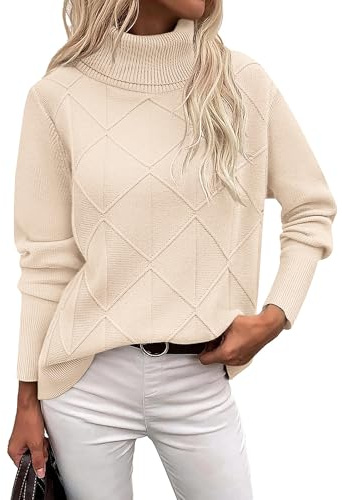 Zeagoo Maglione Collo Alto Donna Invernale Maniche Lunghe Maglia Elegante Autunno Caldo Sweater Tops Leggero Morbido Pullover Beige S