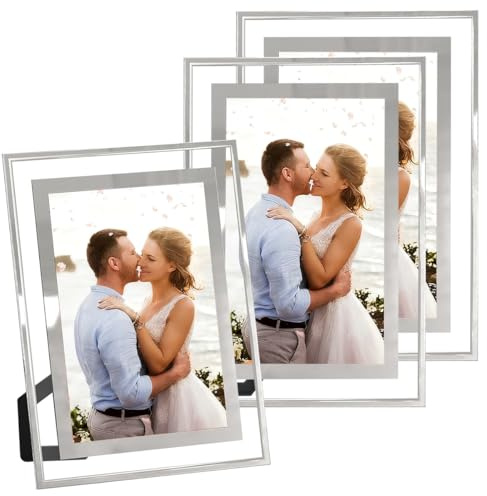 Zuxbolf 3 Pz Foto Cornice in Vetro,Portafoto da Tavolo 10x15 cm Argento,Cornice per Foto Trasparente per Matrimonio,Soggiorno,Casa