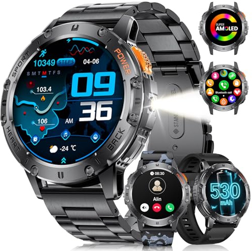 LIGE 1.43 AMOLED Smart Watch for Men with Flashlight, Bluetooth Calling, 100+ Sport Modes, 530mAh, IP68 Waterproof Fitness Tracker for Workout, iOS Android Compatible, Black Steel Camouflage Silicone