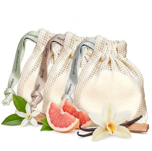 Vove Hair & Body Bar Set (3 Bars + 3 Bags) - Shampoo, Conditioner & Body Wash Bundle- Rice Protein, Cocoa Butter & Jojoba Oil- Vanilla Cedar, Golden Neroli & Forest Revive- Sulphate Free, Plastic Free