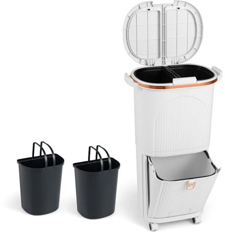 COSTWAY Sophink kök, avfallssepareringssystem, 3 fack, 2 x 12 l inre hink och 14 l pedalhink med hjul, dubbelt lock, pedal och krokar, pedalhink avfallssamlare för kök, badrum
