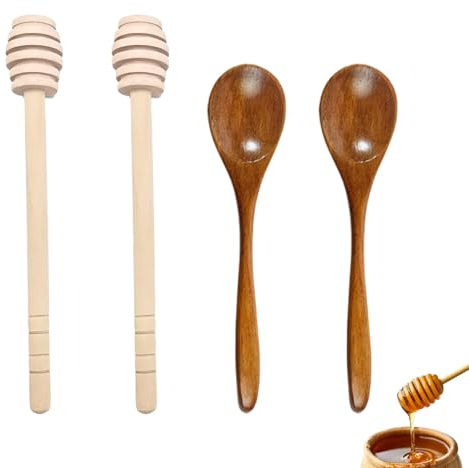 NUDVMUCH 4 Pcs Cucharas para Miel - 2 Cucharas (14 Cm) Y 2 Espirales (15 Cm), Sin Tintes Ni Cera, Ecológicas Y De Suave Tacto, Cucharas De Madera para Miel Y Jarabe