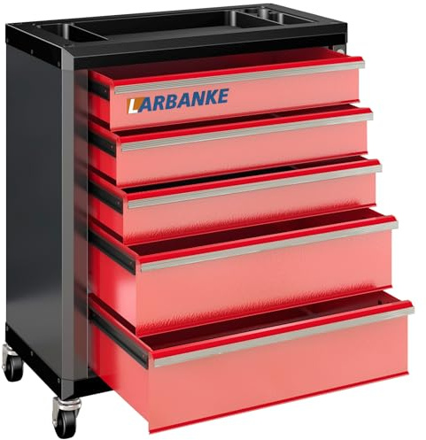 LARBANKE 5 Drawer Rolling Tool Chest with 360°Swivel Casters and Locking System,Tool Chest with Waterproof Multipurpose Top and Connecting Rods for Stacking with Same Series Tool Cabinet,Red&Black