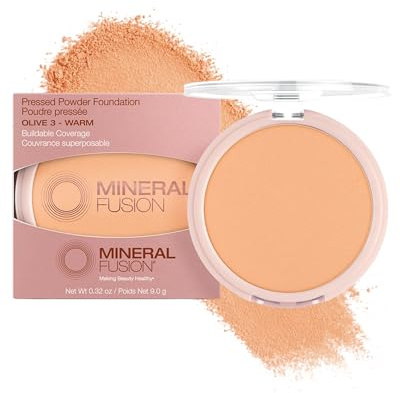 Mineral Fusion Pressed Powder Foundation, Olive 3 - Med Skin w/Greenish Undertones, Age Defying Foundation Makeup with Matte Finish, Talc Free Face Powder, Hypoallergenic, Cruelty-Free, 0.32 Oz