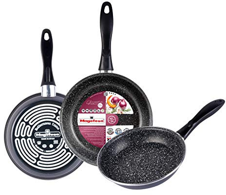 MAGEFESA K2 Gransasso Set di 3 padelle (18/20/24) cm in acciaio vetrificato, esterno grigio screziato. Antiaderente a due strati rinforzato con effetto pietra, adatto a tutti i tipi di piani cottura