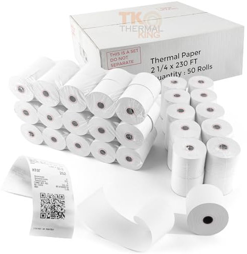 TK Thermal King, (50 Rolls) 2 1/4 x 230' Thermal Paper, POS Receipt Paper for Retail Business Cash Register, Fits Most Credit Card Terminal