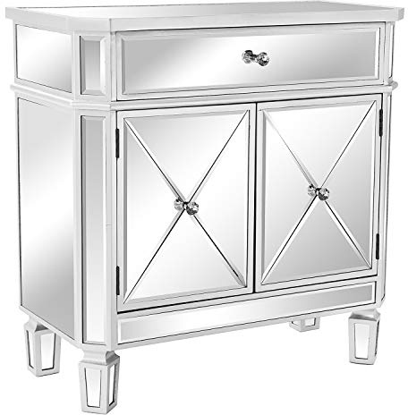 VINGLI Mirror Nightstand with 1 Drawer and Two Doors, 27.5'W x 13.4'D x 27.5'H, Mirrored Dresser Accent Chest