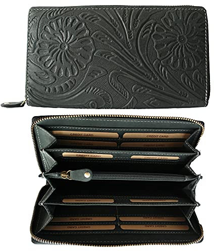 Hill Burry XL Geldbörse Portemonnaie, Portmonee aus Leder Frauen Damen Langbörse Geldbeutel Geldtasche Frauen Design (Blumen 2021 Jahr Kollektion, schwarz)