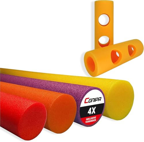 Conipa® - 4 Stück Schwimmnudel (160 x 7 cm) Kinder & Erwachsene INKL. 4 x Loch-VERBINDER (Schaumstoff) - Poolnudel Set ab 3-10 Jahre (Made IN Europe) - Pool Wassernudel (Rot + Gelb + Lila + Orange)