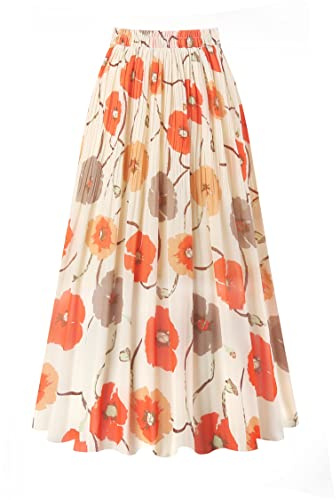 Kingfancy Women's Pleated Skirt Chiffon Elastic Waist A-Line Midi Length Skirt Ivory Flower L
