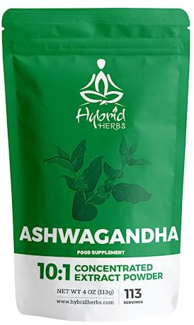 HYBRID HERBS – ASHWAGANDHA HIGH Strength Powder (113g) – Supplement for Stamina, Energy, Calm, Sleep Aid, Adaptogen with Withanolides - 10X Strength Extract - 113 Servings