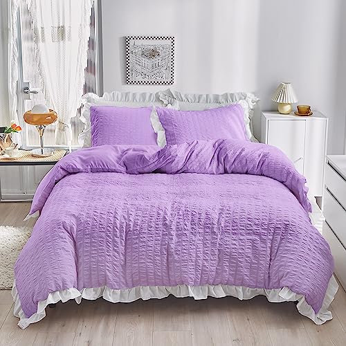 DXHOME Juego de ropa de cama de 200 x 200 cm, color lila, sirsaca con volantes, color verde y verano, juego de ropa de cama de microfibra con cremallera y 2 fundas de almohada de 80 x 80 cm