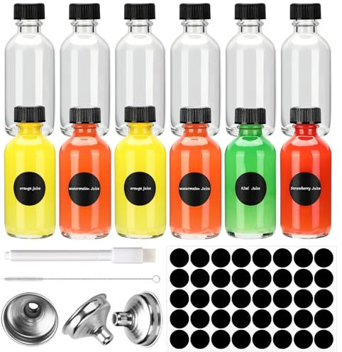 12 Shot Mini Glasflaschen mit Deckel, Flaschen zum Befüllen 60ml, Kleine Schnapsflaschen, Kleine Glasflaschen, Mini Fläschchen mit Trichter, Etiketten & Stift, für Ingwer Shot, ätherische Öle, Whisky