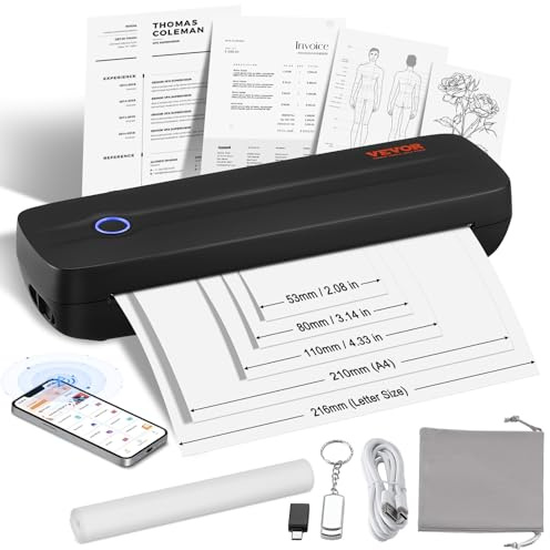 VEVOR Stampante Mobile Stampante Termica Portatile Stampante Senza Inchiostro Bluetooth, Carta Termica A4 A5 Compatibile con iOS/Android/Laptop, Stampante da Viaggio 203 DPI in Ufficio Casa Nero
