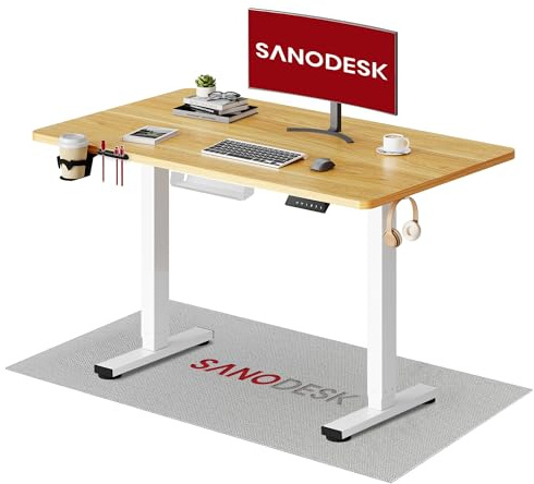 SANODESK Höhenverstellbarer Schreibtisch Elektrisch Schreibtisch Höhenverstellbar 110×54 cm mit 70 kg Tragkraft, Anti-Kollisions-Schutz & leisem Betrieb, inkl. Ablagebox und Kabelmanagement(ahorn)