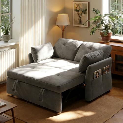 Wumagin Canapé-lit 3 en 1 avec dossier réglable sur 5 niveaux, canapé-lit avec 2 oreillers et 2 poches latérales, canapé en lin gris 2 places pour chambres d'amis et petits espaces