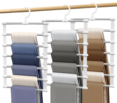 3 Pack Trouser Hangers Space Saving, Multifunctional Closet Organizer 360° Rotatable Wardrobe Organiser Holder 6-layer Pants Hangers for Skirt Jeans Scarf Towel