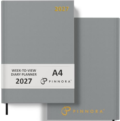 Pinnora 2027 Diary A4 Week to View, Slate Grey Year Planner Organiser 2027 Week To View, 2027 Planner, Home, School & Office, Hard Back 2027 Diaries, A5 & A4 2027 Diary in Day Per Page & Week To View