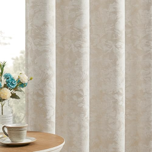 Beauoop Beige Floral Jacquard Blackout Curtains for Bedroom 52x90 2 Panels | Flower Room Darkening Drapes for Living Room Eyelet curtains 90 drop Thermal Insulated Soundproof Window Treatments