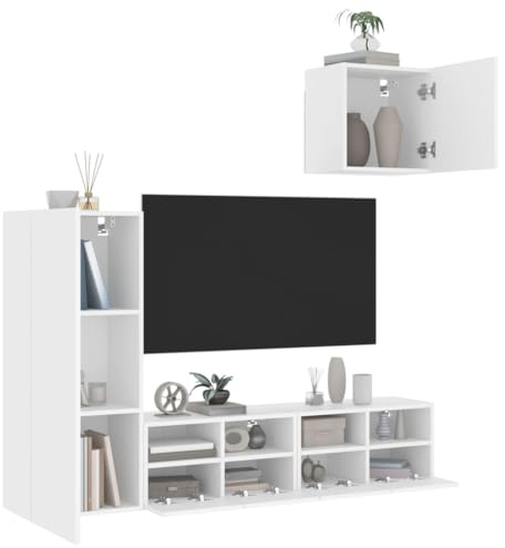 GeenYuu 4-TLG. Vardagsvägg vit, trämaterial, väggmontering, lagringsutrymme för vardagsrum, media, böcker, mångsidig, modern