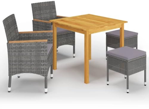 JHQHSM 5 pezzi Gruppo da giardino grigio in legno di acacia con rattan PE e cuscini imbottiti per terrazza ed esterni, set di mobili da esterno resistente alle intemperie con tavolo da pranzo e sedie