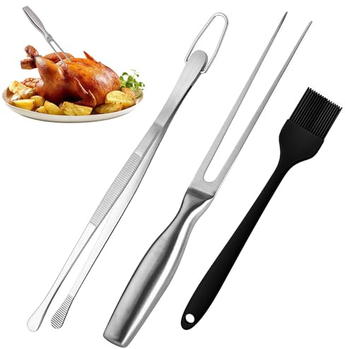 Bangbobi - Set Forchetta da Arrosto in Acciaio Inox con Pinza da Grill & Pennello in Silicone, Utensile da Cucina 3-in-1 Versatile per Grigliate, Arrosti & Servizio