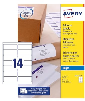 Avery Smudge Free, Printable, Address Labels, Quickdry, 99.1 x 38.1 mm, White, 14 Labels per Sheet, 350 Blank Labels per Pack (J8163-25)