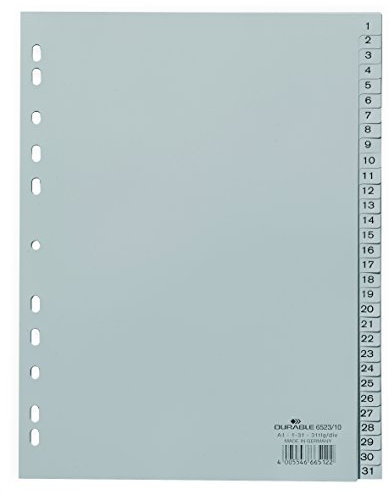 Durable Zahlenregister 1-31 (A4, geprägte Taben, PP volldeckend) 10 Stück, grau, 652310