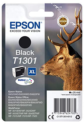 Epson Original T1301 Tinte Hirsch (SX420W BX320FW SX620FW BX/SX525WD BX625FWD BX305FW B42WD BX925FWD BX635FWD BX535WD SX435/440W BX630FW SX235W WF7015 7515 7525 3010 3520 3540) schwarz