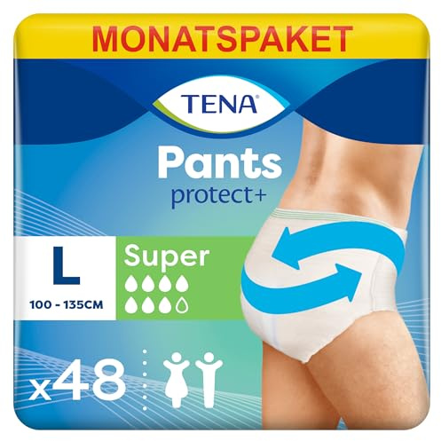 TENA Pants Super, 48 pairs of Unisex Incontinence Pants (4 x 12 packs) for Women and Men with Heavy Bladder Weakness, Size Large