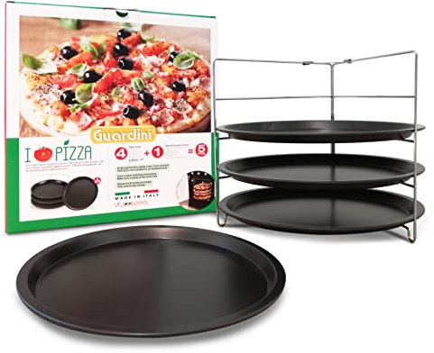 Guardini, Set 4 tegami pizza Ø 28 cm + 1 griglia porta tegami, Acciaio con rivestimento antiaderente, Nero, Made in Italy, Linea Pizza&Mania