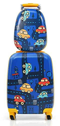 Maxmass 2PCS Kids Luggage Set, 18 Hard Shell Children Suitcase with 12’’ Backpack, Girls Boys Trolley Case for School Travel (Car, Blue)