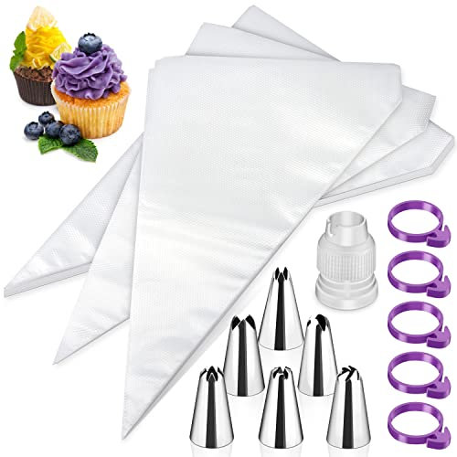 SOGUDE sac a Poche USA e Getta, 100 Pezzi Sacchetto per Pasticceria e Getta, Kit per la Preparazione della Crema con 7 Ugelli in Acciaio Inossidabile e 5 Cinturini per Sigillatura a Tenuta